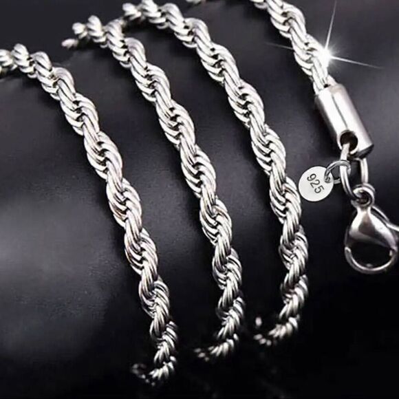 Silver 24” Twisted Rock Chain 3mm Necklace Men Or Women - Picture 3 of 6